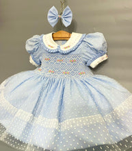 Load image into Gallery viewer, &quot;TINKERBELL&quot; Blue Hand-Smocked Dress &amp; Hair Accessories ONE LEFT
