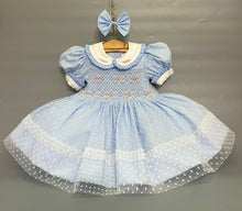 Load image into Gallery viewer, &quot;TINKERBELL&quot; Blue Hand-Smocked Dress &amp; Hair Accessories ONE LEFT
