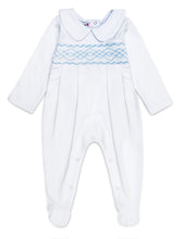 Load image into Gallery viewer, Baby Boys &quot;LEO&quot; White &amp; Blue Classic Babygrow &amp; Bib Set. LIMITED
