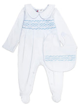 Load image into Gallery viewer, Baby Boys &quot;LEO&quot; White &amp; Blue Classic Babygrow &amp; Bib Set. LIMITED
