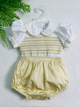 Load image into Gallery viewer, &quot;BARRY&quot; COFFEE &amp; CREAM Cotton/Satin Hand-Smocked Romper SALE SALE SALE
