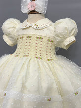 Load image into Gallery viewer, ANGEL&quot; Swiss Dot Cream &amp; Pink Organza Hand-Smocked Dress &amp; Hairband 3 LEFT. REDUCED
