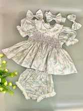 Load image into Gallery viewer, &quot;MONA&quot;  Hand-Smocked Dress, Panties &amp; Hair Accessories REDUCED TO CLEAR
