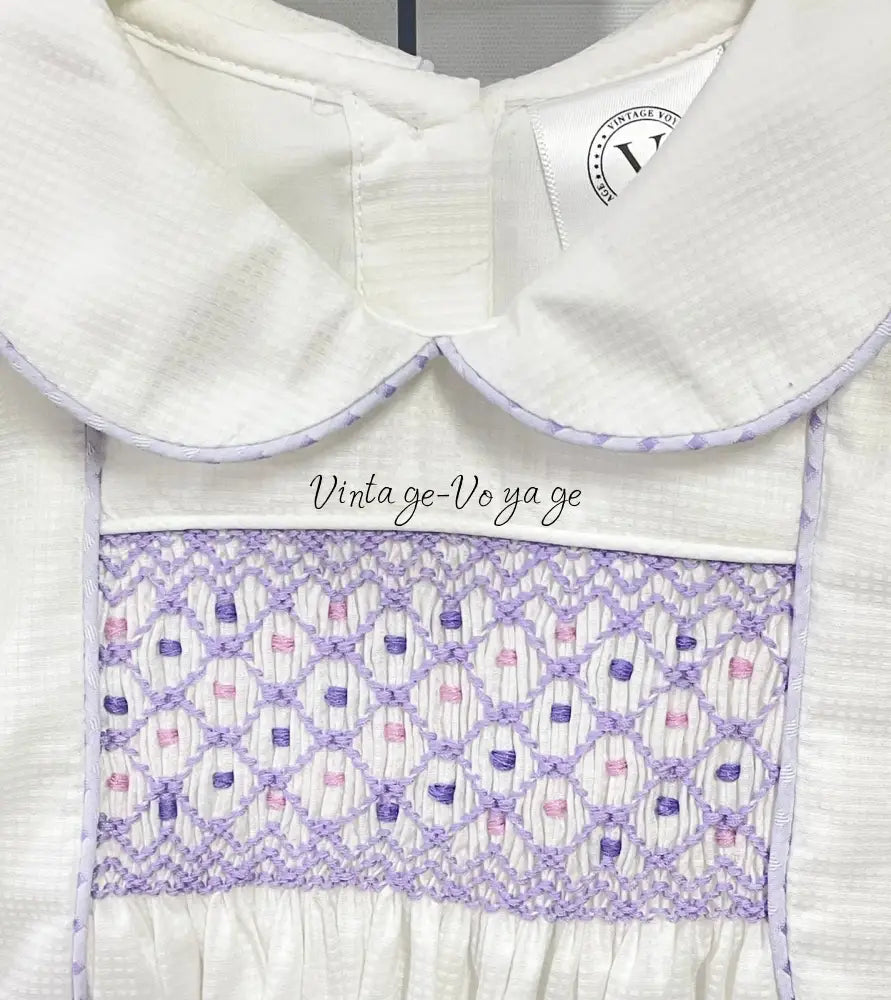 PRE-ORDER&GET NEXT WEEK‼️NEW🤩AUGUST LILAC & WHITE💜HAND-SMOCKED ROMPER SUIT🧵🪡 Baby & Toddler Outfits