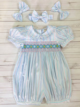 Load image into Gallery viewer, &quot;COCO&quot; PASTEL STRIPES Hand-Smocked Cotton Romper &amp; Hair Accessories SALE
