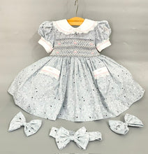 Load image into Gallery viewer, &quot;BARBARA&quot; Silver Grey Hand-Smocked Dress &amp; Hair Accessories REDUCED
