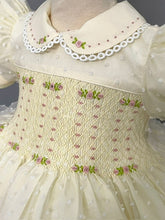 Load image into Gallery viewer, ANGEL&quot; Swiss Dot Cream &amp; Pink Organza Hand-Smocked Dress &amp; Hairband 3 LEFT. REDUCED
