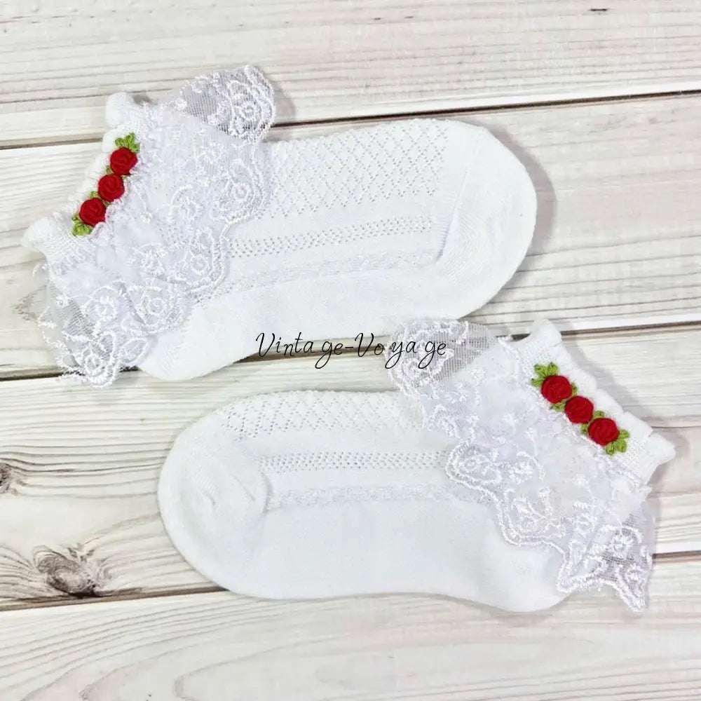 NEW❤️Baby Girls Hand Embroidered White & Red Lace Cotton Socks Baby & Toddler Socks