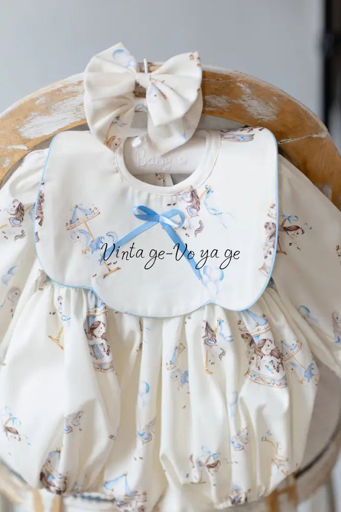 NEW🤩CAROUSEL BLUE🩵HAND-SMOCKED🧵🪡CUSTOM PRINT BABY ROMPER SET🎀 Baby & Toddler Outfits