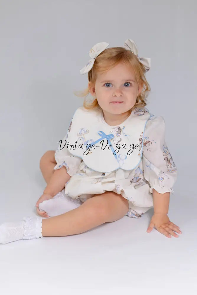 NEW🤩CAROUSEL BLUE🩵HAND-SMOCKED🧵🪡CUSTOM PRINT BABY ROMPER SET🎀 Baby & Toddler Outfits