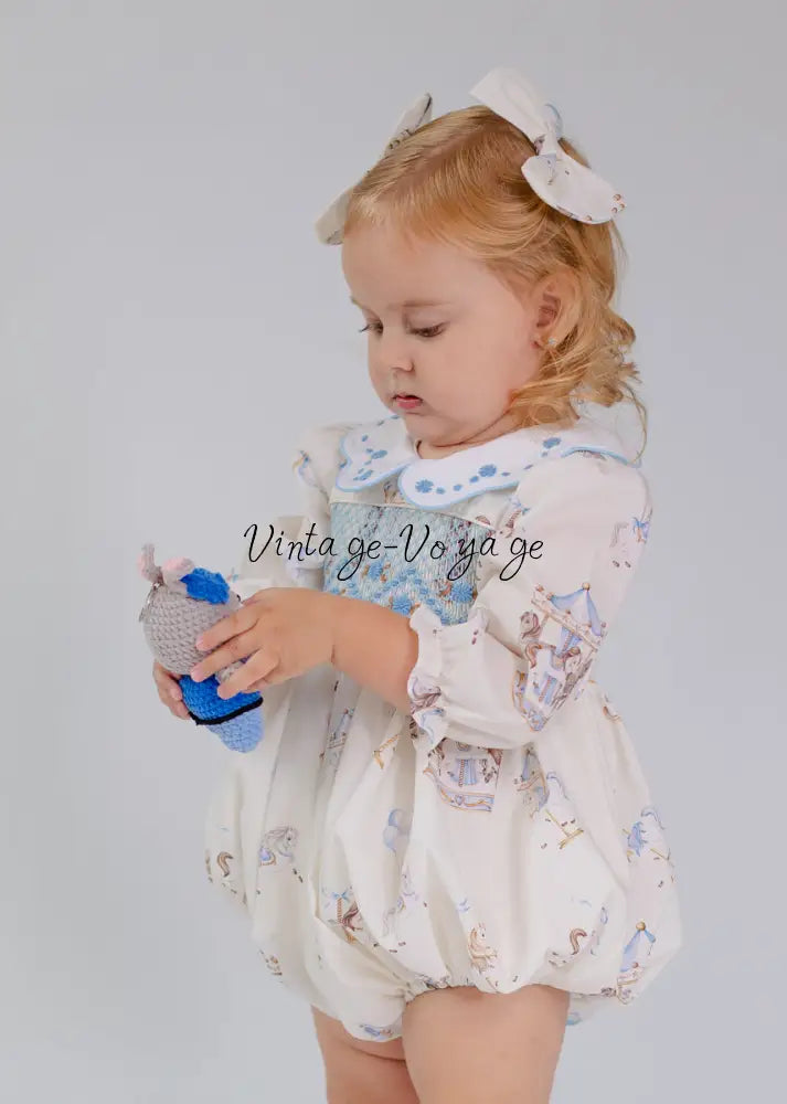 NEW🤩CAROUSEL BLUE🩵HAND-SMOCKED🧵🪡CUSTOM PRINT BABY ROMPER SET🎀 Baby & Toddler Outfits