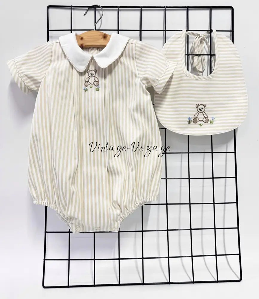 PRE ORDER&GET NEXT WEEK!NEW🤩TEDDY BEIGE STRIPED HAND EMBROIDERED🧵🪡BABY BOYS ROMPER & BIB🦒 Baby & Toddler Outfits