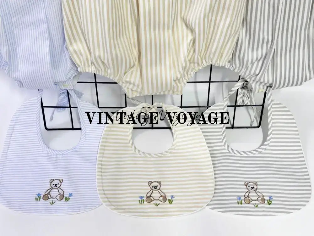 PRE ORDER&GET NEXT WEEK!NEW🤩TEDDY BLUE STRIPED HAND EMBROIDERED🧵🪡BABY BOYS ROMPER & BIB🦒 Baby & Toddler Outfits