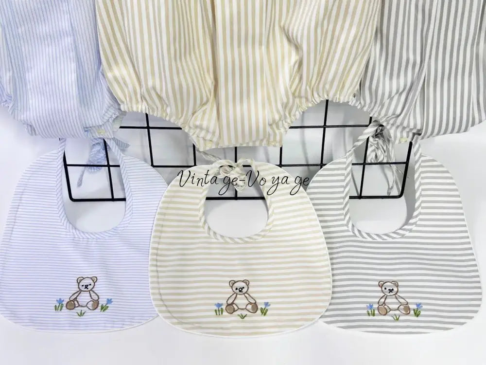 PRE ORDER&GET NEXT WEEK!NEW🤩TEDDY BLUE STRIPED HAND EMBROIDERED🧵🪡BABY BOYS ROMPER & BIB🦒 Baby & Toddler Outfits
