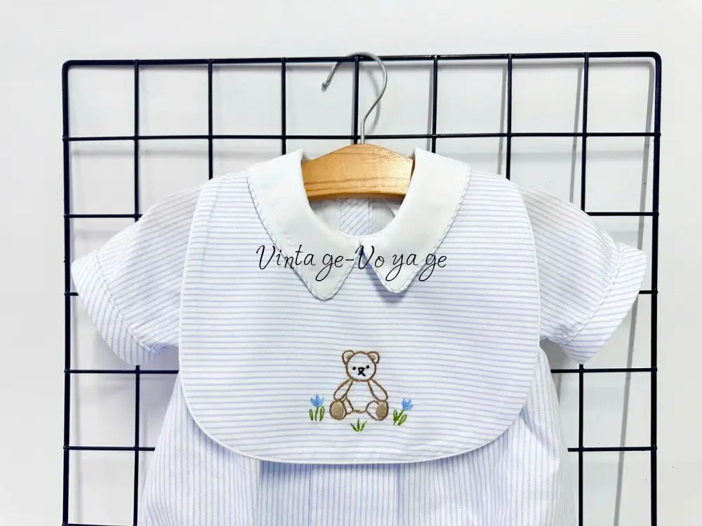 PRE ORDER&GET NEXT WEEK!NEW🤩TEDDY BLUE STRIPED HAND EMBROIDERED🧵🪡BABY BOYS ROMPER & BIB🦒 Baby & Toddler Outfits