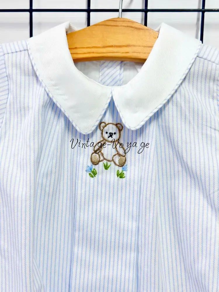 PRE ORDER&GET NEXT WEEK!NEW🤩TEDDY BLUE STRIPED HAND EMBROIDERED🧵🪡BABY BOYS ROMPER & BIB🦒 Baby & Toddler Outfits