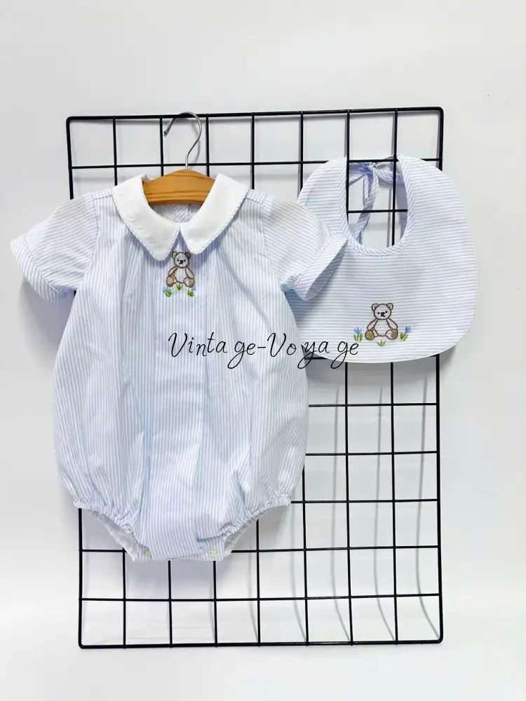 PRE ORDER&GET NEXT WEEK!NEW🤩TEDDY BLUE STRIPED HAND EMBROIDERED🧵🪡BABY BOYS ROMPER & BIB🦒 Baby & Toddler Outfits
