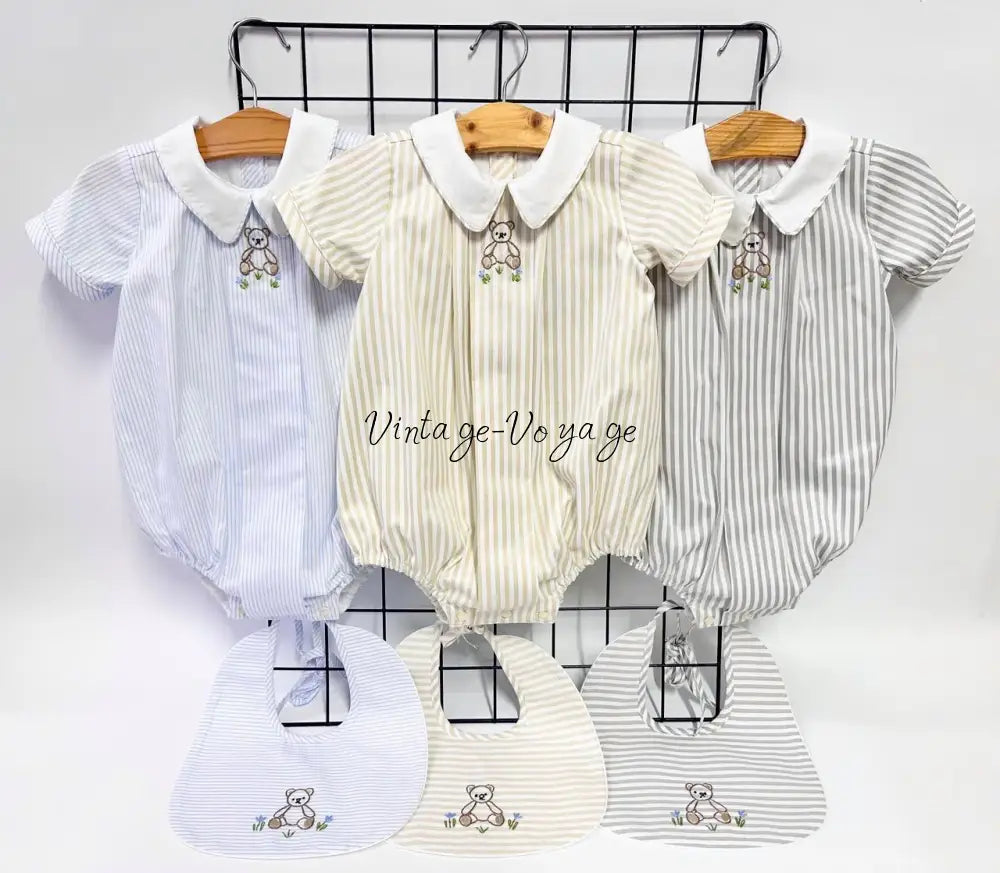 PRE ORDER&GET NEXT WEEK!NEW🤩TEDDY BLUE STRIPED HAND EMBROIDERED🧵🪡BABY BOYS ROMPER & BIB🦒 Baby & Toddler Outfits