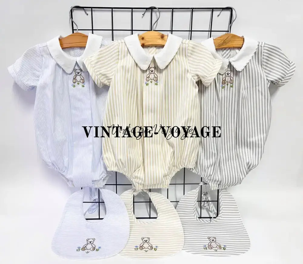 PRE ORDER&GET NEXT WEEK!NEW🤩TEDDY BLUE STRIPED HAND EMBROIDERED🧵🪡BABY BOYS ROMPER & BIB🦒 Baby & Toddler Outfits