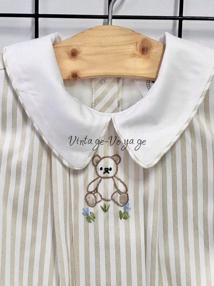 PRE ORDER&GET NEXT WEEK!NEW🤩TEDDY SILVER/GREY STRIPED HAND EMBROIDERED🧵🪡BABY BOYS ROMPER & BIB🦒 Baby & Toddler Outfits