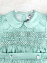 Load image into Gallery viewer, NEW SEASON!&quot;OSCAR&quot; MINT Cotton/Satin Hand-Smocked Romper/Suit
