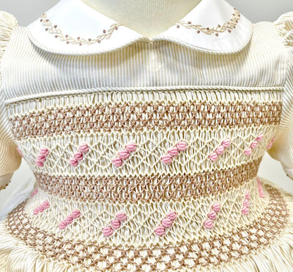 PRE-ORDER&GET NEXT WEEK❣️MYLA CREAM🍦PINSTRIPES HAND-SMOCKED🧵🪡DRESS,PANTIES & HAIR ACCESSORIES🎀