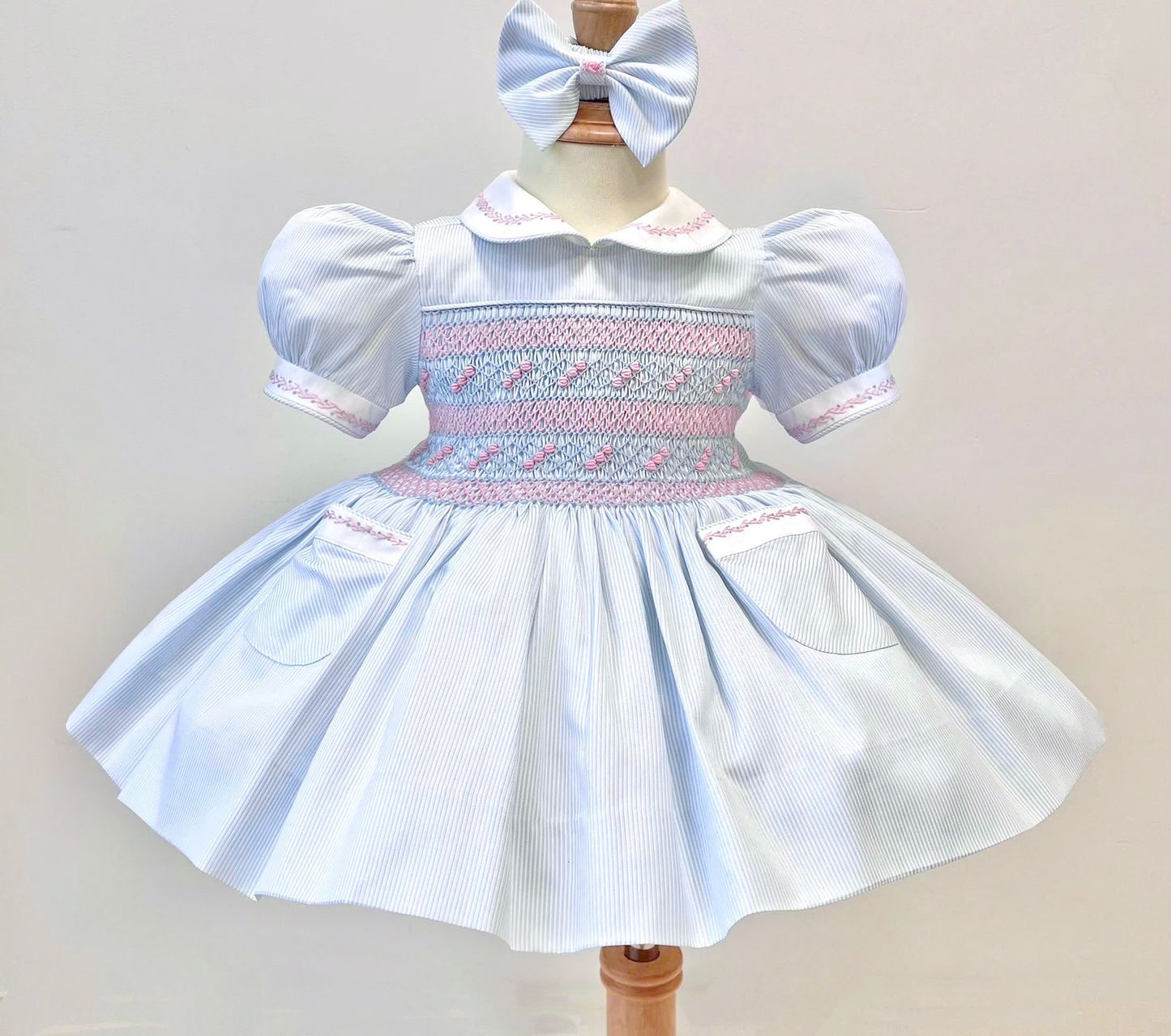 PRE-ORDER&GET NEXT WEEK!NEW❣️MYLA PALE BLUE🩵PINSTRIPES HAND-SMOCKED🧵🪡DRESS,PANTIES & HAIR ACCESSORIES🎀