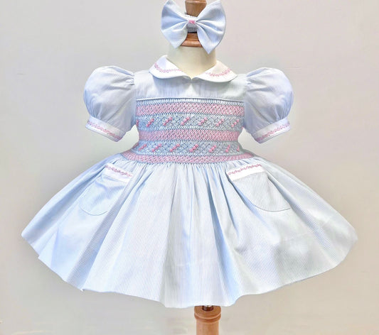 PRE-ORDER&GET NEXT WEEK!NEW❣️MYLA PALE BLUE🩵PINSTRIPES HAND-SMOCKED🧵🪡DRESS,PANTIES & HAIR ACCESSORIES🎀