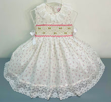 Load image into Gallery viewer, &quot;CHLOE&quot; White Floral Girls Hand-Smocked Sleeveles Dress &amp; Two Bows SALE SALE SALE
