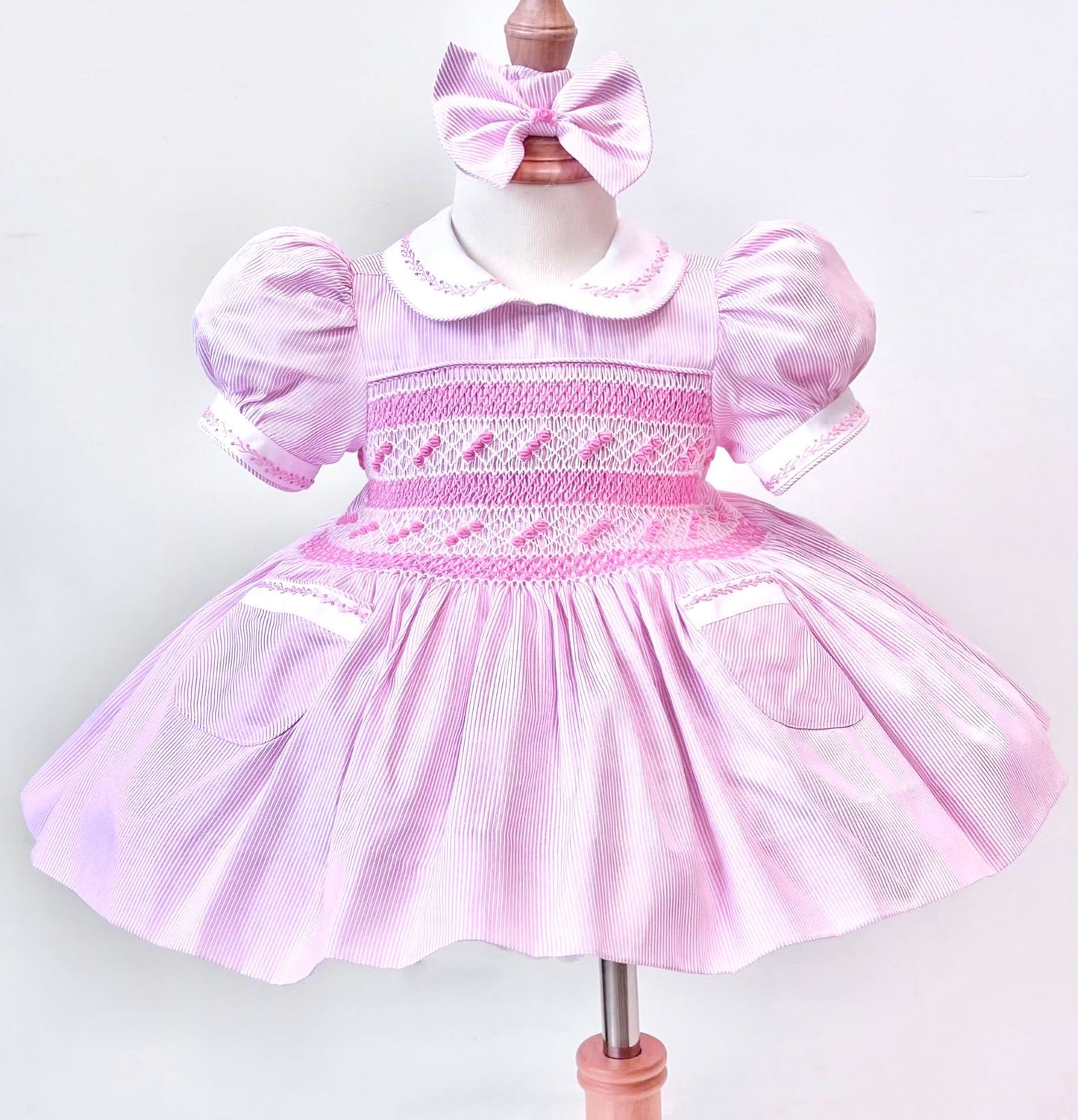 PRE-ORDER❣️NEW! MYLA PINK💞💞PINSTRIPES STRIPES HAND-SMOCKED🧵🪡DRESS,PANTIES & HAIR ACCESSORIES🎀