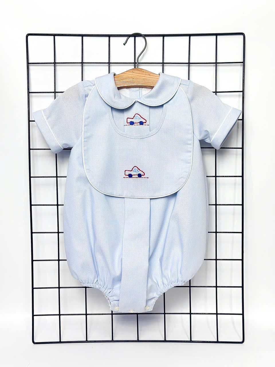 PRE-ORDER! NEW! MICHAEL BABY BOYS PALE BLUE HAND-EMBROIDERED ROMPER & BIB SET 3M Baby & Toddler Outfits
