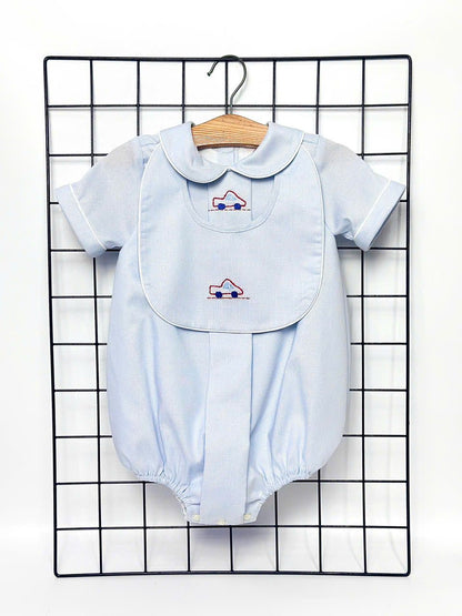 PRE-ORDER! NEW! MICHAEL BABY BOYS PALE BLUE HAND-EMBROIDERED ROMPER & BIB SET 3M Baby & Toddler Outfits