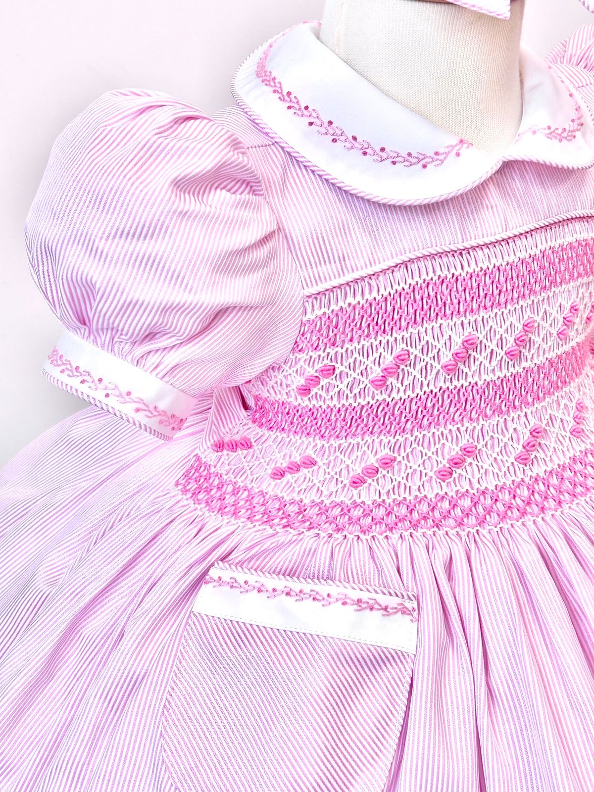 PRE-ORDER❣️NEW! MYLA PINK💞💞PINSTRIPES STRIPES HAND-SMOCKED🧵🪡DRESS,PANTIES & HAIR ACCESSORIES🎀