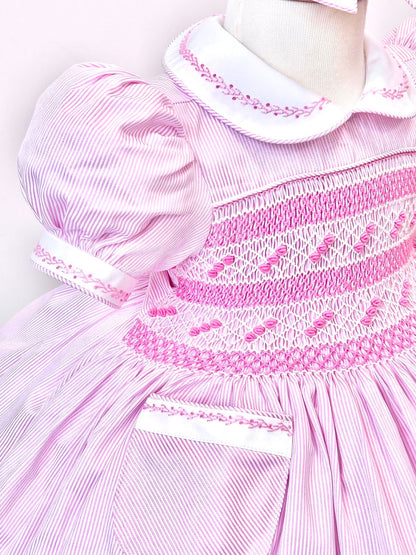 PRE-ORDER❣️NEW! MYLA PINK💞💞PINSTRIPES STRIPES HAND-SMOCKED🧵🪡DRESS,PANTIES & HAIR ACCESSORIES🎀