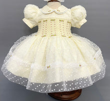 Load image into Gallery viewer, NEW SEASON!&quot;ANGEL&quot; Swiss Dot Cream &amp; Pink Organza Hand-Smocked Dress &amp; Hairband
