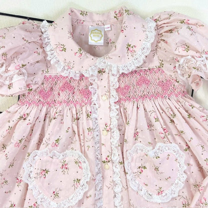 NEW🧚🏻‍♀️Girls FLORAL🌷SWISS DOTS Hand-Smocked 🧵🪡Cotton Nightie Set & Hair Bows🎀🎀