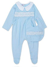 Load image into Gallery viewer, NEW  Baby Boys &quot;LEO&quot; Blue &amp; White Classic Babygrow &amp; Bib Set. LIMITED SALE SALE SALE
