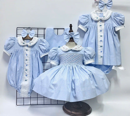 PRE-ORDER NOW & GET IT NEXT WEEK‼️NEW SEASON🍁AUGUSTA BLUE🌸HAND-EMBROODERED🧵🪡DAY DRESS BLOOMERS & HAIR ACCESSORIES🎀🎀