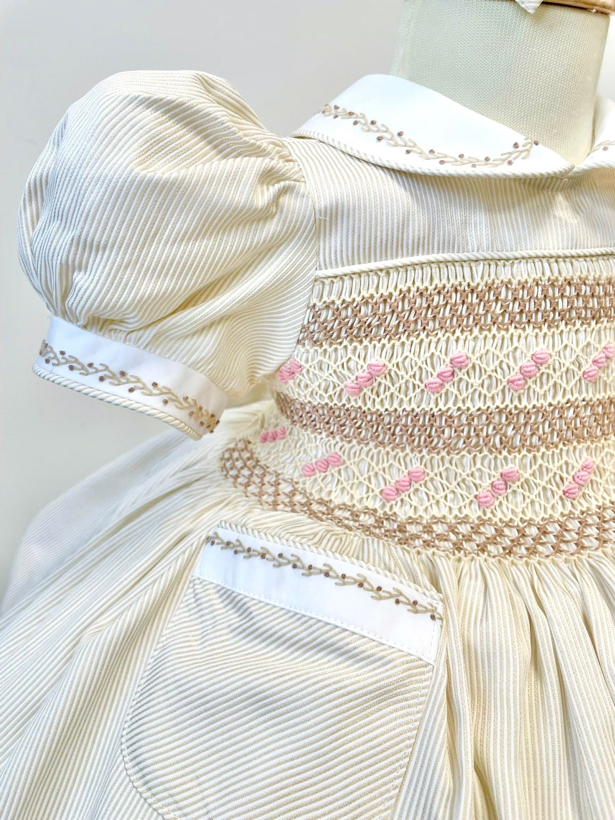 PRE-ORDER&GET NEXT WEEK❣️MYLA CREAM🍦PINSTRIPES HAND-SMOCKED🧵🪡DRESS,PANTIES & HAIR ACCESSORIES🎀