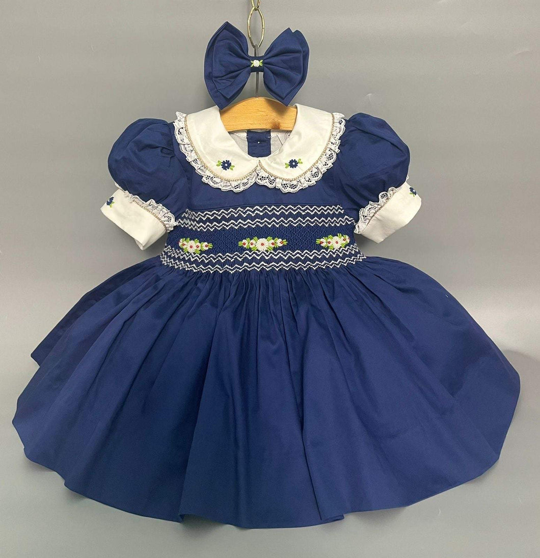 NEW! DARLING NAVY BLUE Front & Back Hand-Smocked Dress & Hair Accessories