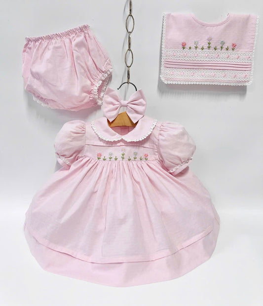 PRE ORDER&GET NEXT WEEK!NEW!BLOSSOM PINK HAND EMBROIDERED DRESS,KNICKERS,BIB & HEADBAND OUTFIT NB 1M Baby & Toddler