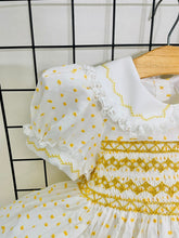 Load image into Gallery viewer, NEW SEASON! &quot;ADELAIDE&quot;YELLOW SWISS DOT Hand-Smocked Dress &amp; Hair Accessories

