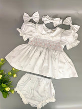 Load image into Gallery viewer, &quot;MONA&quot; Floral &amp; Stripes Hand-Smocked Dress, Panties &amp; Hair Accessories SALE SALE SALE
