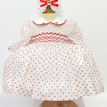 PATRICIA RED SWISS DOT HAND-SMOCKED DRESS,BONNET, KNICKERS & HAIR ACCESSORIES 💞💞