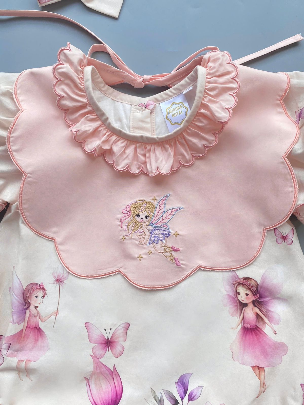 PRE-ORDER❣️NEW👑FLOWER FAIRIES🧚🧚🏻‍♀️COTTOM/POPLIN CUSTOM PRINT BABY ROMPER & MATCHING BIB & BOWS SET🎀🎀