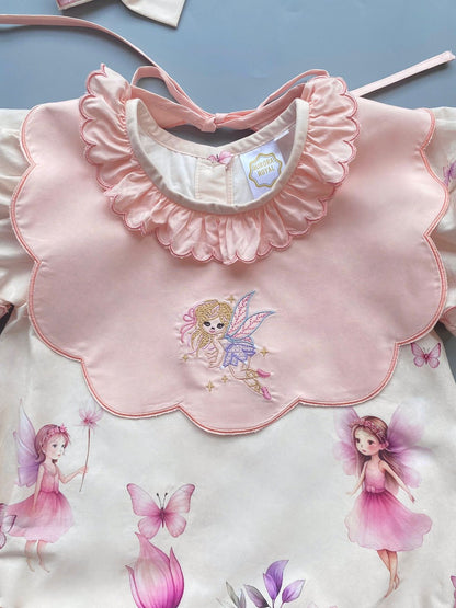 PRE-ORDER❣️NEW👑FLOWER FAIRIES🧚🧚🏻‍♀️COTTOM/POPLIN CUSTOM PRINT BABY ROMPER & MATCHING BIB & BOWS SET🎀🎀