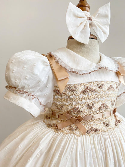 PRE-ORDER NOW & GET NEXT WEEK‼️NEW🥰CREAM🧁BELLA SWISS DOT HAND-SMOCKED🧵🪡BABY DRESS & ACCESSORIES🎀👼