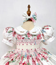 Load image into Gallery viewer, &quot;MONICA&quot; Roses Printed Cotton Hand-Smocked Dress &amp; Hair Accessories. TWO LEFT. SALE SALE SALE
