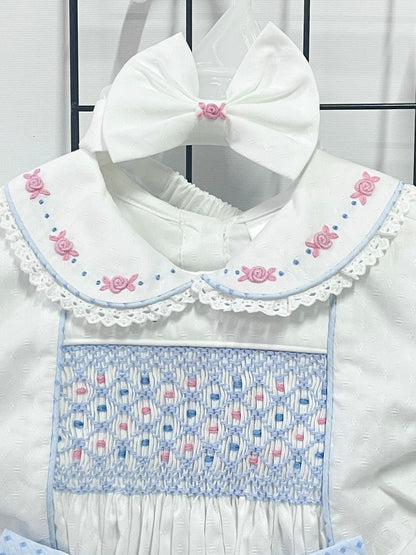 PRE-ORDER&GET NEXT WEEK‼️NEW🤩AUGUSTA BLUE🩵HAND-SMOCKED🧵🪡SKIRT SET AND HAIR BOWS OR HEADBAND 🎀🎀 Baby & Toddler Outfits