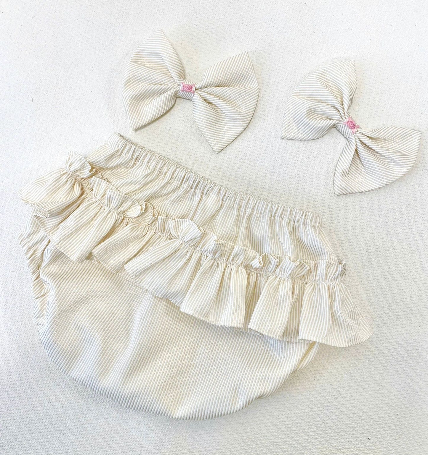 PRE-ORDER&GET NEXT WEEK❣️MYLA CREAM🍦PINSTRIPES HAND-SMOCKED🧵🪡DRESS,PANTIES & HAIR ACCESSORIES🎀